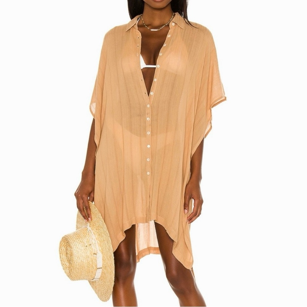 L*SPACE Anita Oversized Cover Up Tan Beige Sheer Button Up Swim Beach Kimono M L